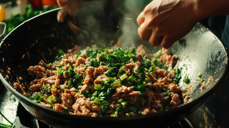 A chef skillfully stirs a vibrant mixture of meat and greens in a steaming wok, showcasing the essence of fresh Asian cuisine preparation.の素材