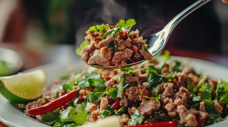 A delicious spicy meat salad garnished with fresh herbs, vibrant vegetables, and lime, perfect for a healthy meal or gourmet dish.の素材