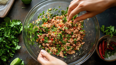 A close-up view of hands skillfully mixing a fresh meat mixture with colorful vegetables and herbs in a clear mixing bowl, perfect for culinary enthusiasts.の素材