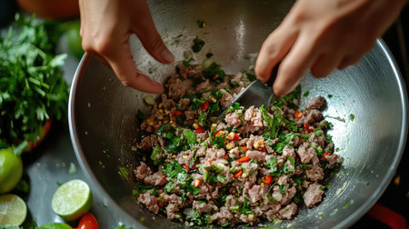 A close-up of hands mixing a vibrant meat and herb mixture in a kitchen bowl, highlighting the fresh ingredients and the art of cooking.の素材