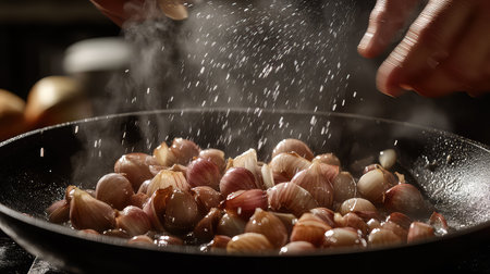 Close-up of hands sprinkling salt over shallots sautの素材