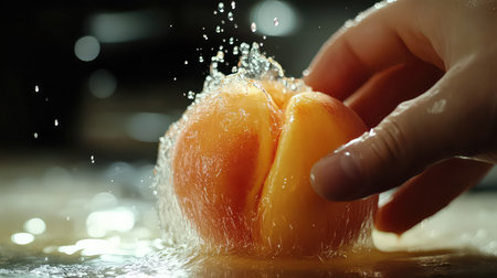 A fresh peach held by a hand is shown splashing in water, emphasizing the fruit's vibrant color and natural beauty in a bright kitchen setting.の素材