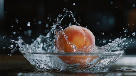 A fresh peach creates an impressive splash in clear water, showcasing vibrant droplets against a dark backdrop, highlighting freshness and movement.の素材