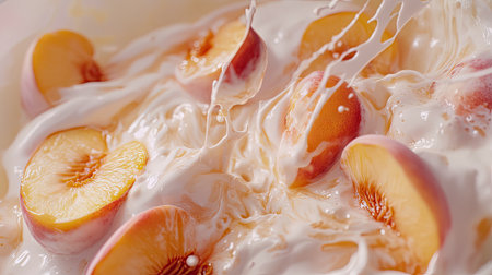 Delight in the creamy texture of fresh peach slices nestled in yogurt, enhanced by splashes of milk. Perfect for food photography, recipes, and summer treats.の素材