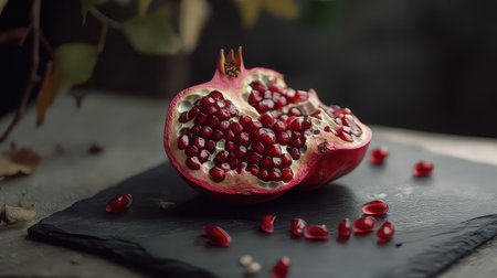 A beautifully arranged half of a ripe pomegranate showcases its juicy seeds, offering a vibrant display of colors and textures perfect for culinary inspiration.の素材