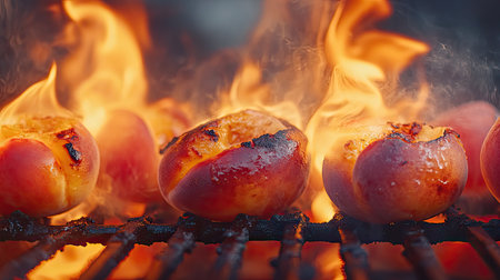 A vibrant display of grilled peaches sizzling over an open flame, capturing the essence of summer grilling and culinary delight in outdoor cooking.の素材