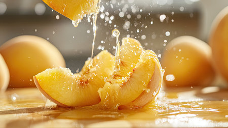 A dynamic image showcasing fresh peach slices splashing juice on a wooden surface. The scene captures the vibrant color and freshness of ripe peaches, perfect for culinary illustrations and food-related content.の素材