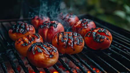 This image captures delicious grilled peaches with charred stripes, releasing a smoky aroma on a barbecue grill, perfect for summer gatherings.の素材