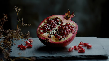 A stunning view of a halved pomegranate resting on a dark slate surface, showcasing vibrant red seeds and an artistic arrangement with dried flowers.の素材