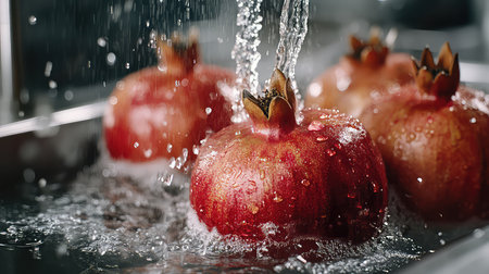 Fresh pomegranates are splashed with water, showcasing vibrant colors and droplets in a modern kitchen setting, highlighting natural freshness and health benefits.の素材