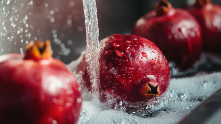 A striking image of fresh red pomegranates being washed under a gentle water splash, creating bubbles in a kitchen sink. This scene showcases the vibrancy and freshness of healthy produce.の素材