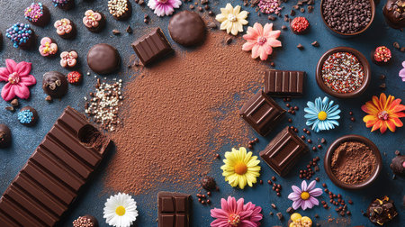A vibrant arrangement of chocolate treats, cocoa powder, and decorative flowers showcases a delightful dessert scene on a blue background. Perfect for sweet-themed designs.の素材