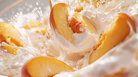 Fresh peach slices create an eye-catching splash in creamy milk, capturing the essence of summer through vibrant colors and refreshing textures.の素材