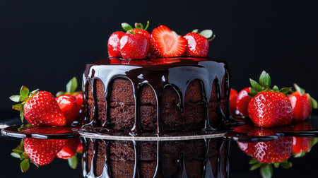 A stunning presentation of a chocolate cake adorned with fresh strawberries and a glossy ganache. Ideal for dessert lovers and special occasions.の素材