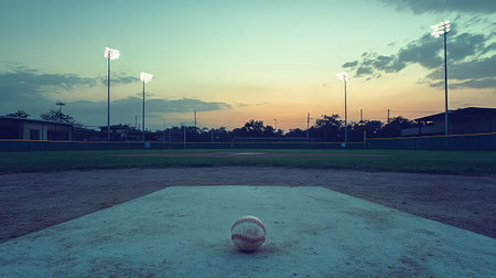 A tranquil baseball field at dusk captures the essence of sports in a serene setting. The glowing floodlights illuminate the empty field, providing a perfect backdrop for evening games.の素材