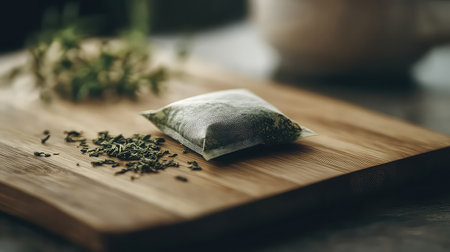 A serene composition featuring a tea bag along with loose herbs on a wooden surface. Soft lighting enhances the tranquility and natural elements, perfect for wellness themes.の素材
