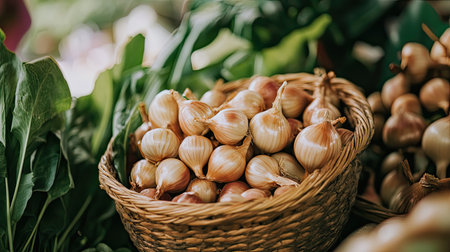 A beautiful display of freshly harvested onions nestled in a woven basket, surrounded by lush green leaves, showcasing vibrant colors and textures.の素材