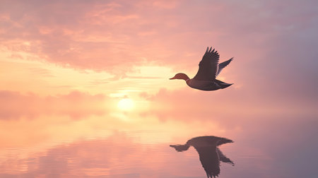This stunning image captures a bird gracefully flying over serene water at sunrise, reflecting the beautiful colors of the sky.の素材