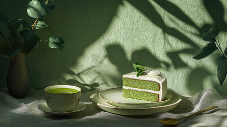 Indulge in a beautifully presented slice of green cake accompanied by a cup of tea, illuminated by gentle light and softened shadows, evoking a sense of calm.の素材