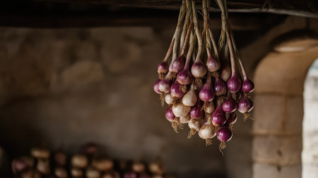 This image features freshly harvested onions hanging in a rustic kitchen setting, showcasing natural lighting and earthy tones that evoke a farm-to-table ambiance.の素材