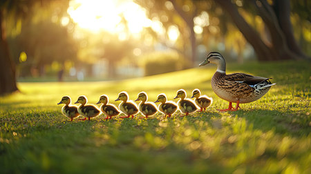 A charming scene of a mother duck guiding her line of ducklings through a sunlit park, showcasing family bond and nature's beauty in a tranquil setting.の素材
