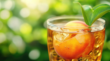 A beautifully styled refreshing peach beverage served in a clear glass filled with ice, surrounded by a lush green garden setting, perfect for summer enjoyment.の素材