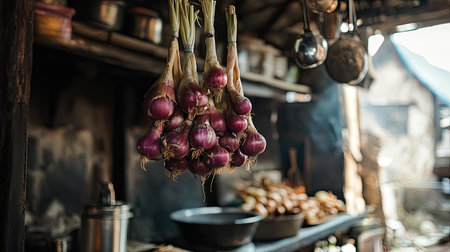 A captivating image of freshly harvested red onions beautifully hanging in a rustic kitchen. The warm lighting and culinary atmosphere create an inviting scene, showcasing natural textures and vibrant colors that highlight the essence of organic produce and traditional cooking practices.の素材