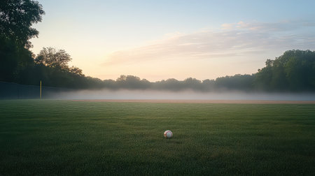 A serene baseball field captured at dawn, blanketed in mist and surrounded by lush greenery, evoking a peaceful ambiance for nature lovers and sports enthusiasts.の素材