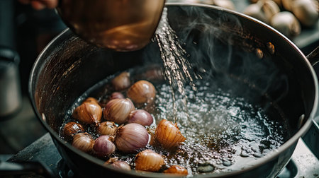 Captivating cooking scene featuring onions frying in hot oil, creating steam and rich aromasの素材