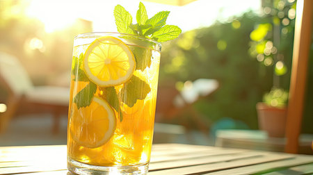 A refreshing iced tea featuring lemon slices and mint leaves is presented in a glass on a sunny outdoor table. Perfect for summer relaxation.の素材