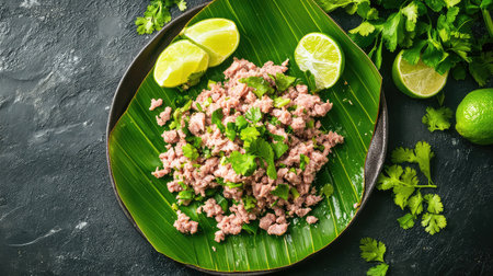 A vibrant plate featuring freshly minced meat garnished with lime and cilantro, artfully arranged on a banana leaf. Ideal for culinary displays and recipes.の素材