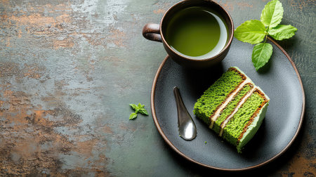 A vibrant matcha cake slice placed on a rustic plate beside a cup of green tea, accented with fresh mint leaves, creating a delicious and inviting scene.の素材