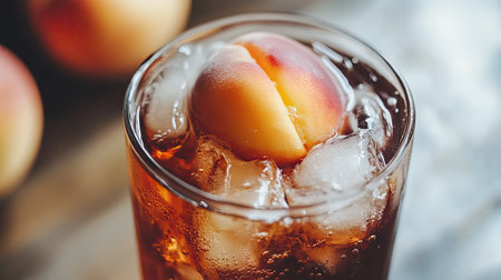 Discover a refreshing peach iced tea served over ice, featuring a slice of juicy peach. Perfect for summer gatherings or simple relaxation.の素材