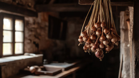 A rustic kitchen interior featuring hanging shallots adds warmth and charm to the space. The dim light highlights the rich textures and vintage decor.の素材