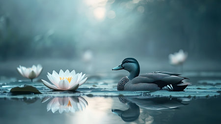 A stunning image of a duck gracefully swimming in a misty pond surrounded by blooming water lilies, capturing the essence of tranquility and nature's beauty.の素材