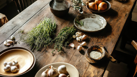 A rustic wooden table is adorned with an array of fresh herbs, onions, and garlic, creating a warm and inviting scene for culinary creativity.の素材