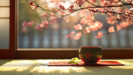 A calming scene featuring a simple tea bowl perched on a wooden surface, illuminated by soft sunlight filtering through a window adorned with cherry blossoms.の素材