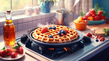 A beautifully arranged scene featuring a golden waffle on a stove, topped with fresh strawberries and blueberries, evoking a warm breakfast atmosphere.の素材