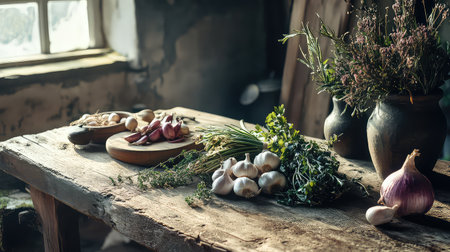 A serene arrangement of fresh organic vegetables and herbs on a rustic wooden table, illuminated by soft sunlight, showcasing healthy culinary ingredients.の素材