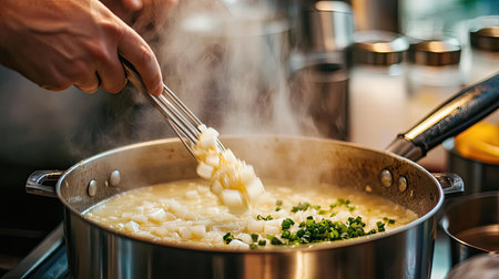 A captivating scene showcasing hands skillfully stirring a pot of soup in a modern kitchen. Steam rises as fresh vegetables like potatoes and green onions enhance the culinary experience. Perfect for recipes, cooking blogs, or food-related projects.の素材