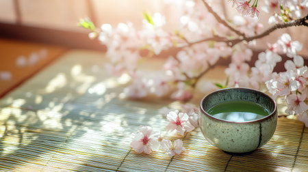 A tranquil scene featuring a ceramic cup of green tea accompanied by delicate cherry blossoms, embodying serenity and relaxation in a sunlit setting.の素材