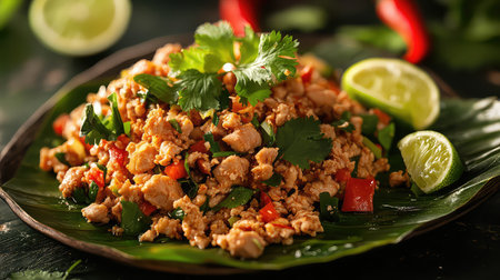 A mouthwatering Thai chicken dish featuring tender meat, vibrant peppers, and fresh herbs, garnished with lime for a burst of flavor on a green leaf.の素材