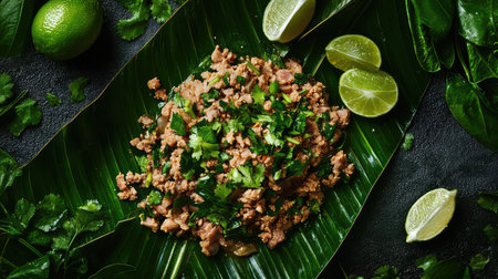 A vibrant and appetizing dish featuring freshly minced meat garnished with herbs and lime slices, beautifully presented on a green banana leaf.の素材