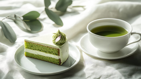A beautifully arranged slice of matcha cake garnished with whipped cream, served beside a delicate cup of green tea, exuding a serene dining experience.の素材
