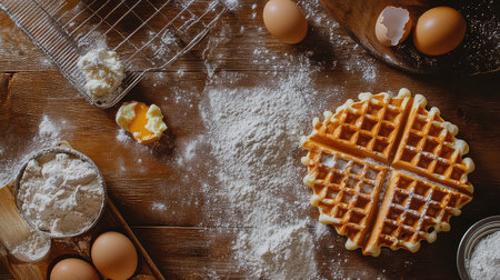 A captivating scene featuring the preparation of delicious homemade waffles, with fresh eggs, flour, and cooking utensils arranged on a rustic wooden table.の素材