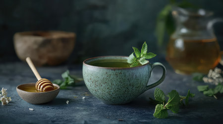 A serene and inviting setting featuring a rustic cup of herbal tea garnished with fresh mint leaves and honey. Perfect for a peaceful moment.の素材