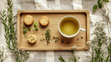 A serene wooden tray displays a cup of herbal tea alongside assorted cookies, enhanced by fresh herbs and delicate greenery, creating an inviting setting.の素材