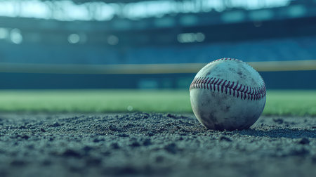 A close-up view of a weathered baseball resting on the pitcher's mound at a stadium, capturing the essence of outdoor sports during an evening practice.の素材