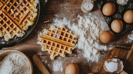 A charming rustic kitchen scene showcasing freshly made waffles surrounded by eggs, flour, and other baking ingredients on a wooden table.の素材