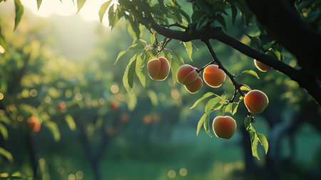 This image captures a cluster of fresh peaches hanging from a tree branch in a sunlit orchard. Soft greens and warm sunlight create a tranquil atmosphere, perfect for showcasing nature's bounty.の素材